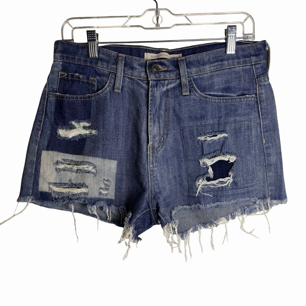 Flying Monkey Denim High Rise Pockets Cut-Off Shorts Size 27 Made USA Patchwork